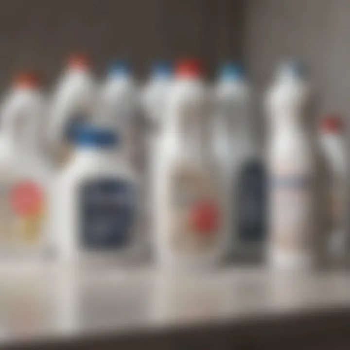 Various types of bleach products arranged neatly on a surface.