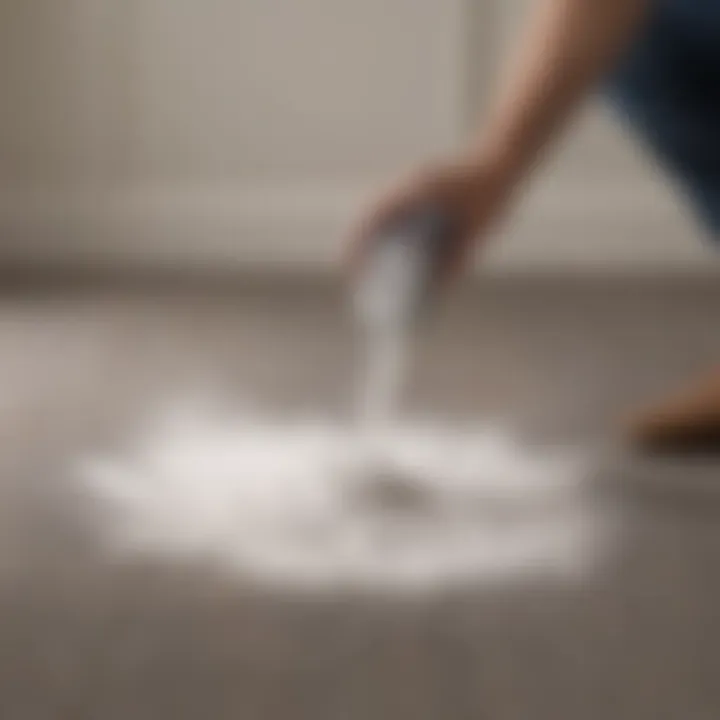 Hand sprinkling baking soda on a moldy carpet