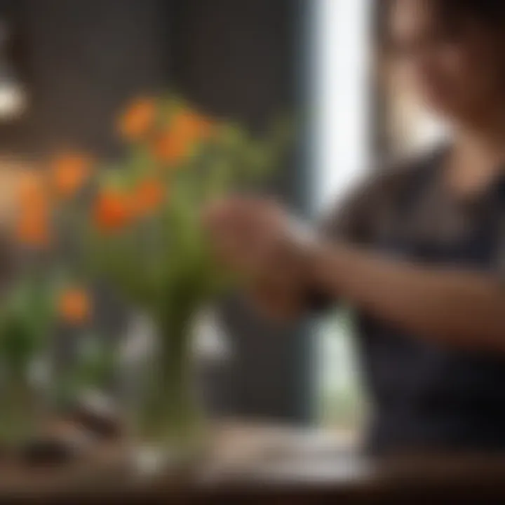 Woman trimming flower stems with scissors