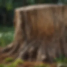 A close-up view of a tree stump in a garden, showcasing its rough texture and surrounding soil.