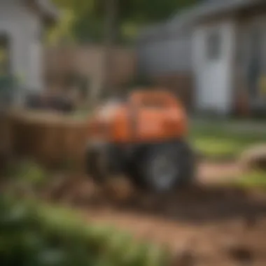 A mechanical tool used for stump grinding, positioned next to an unsightly stump in a backyard.