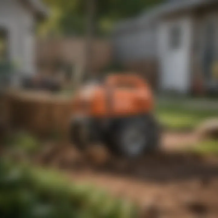 A mechanical tool used for stump grinding, positioned next to an unsightly stump in a backyard.