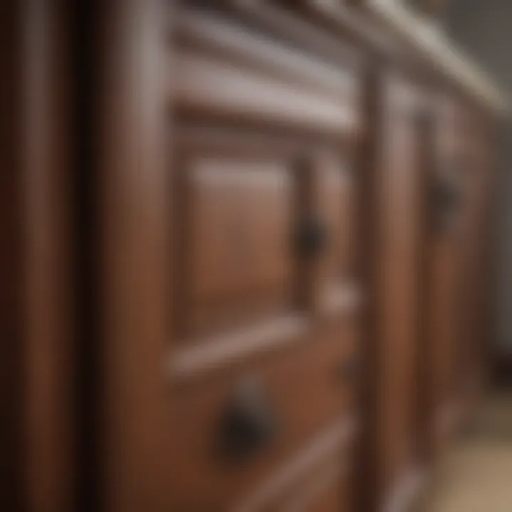 Close-up of stained kitchen cabinet finish