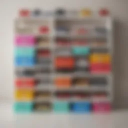 Organized stack of colorful shoe boxes on a shelf