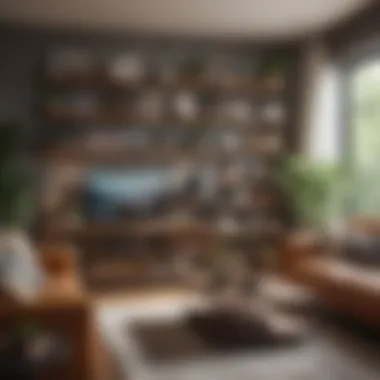 Cozy Living Room with Curated Shelves A cozy living room featuring curated open shelves with personal artifacts