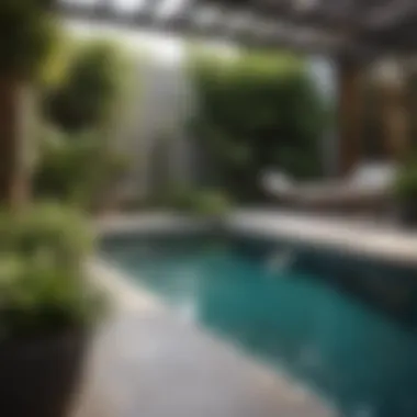 Stylish Pool Area with Diverse Potted Plants Stylishly designed pool area with diverse potted plants