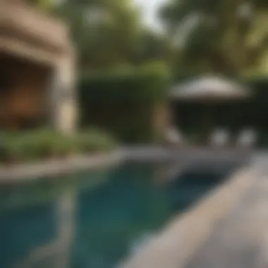 Tranquil Outdoor Space Featuring Poolside Greenery Tranquil outdoor space featuring greenery around a pool