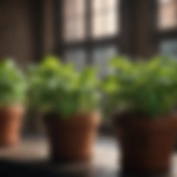 Close-up of vibrant basil and mint growing in pots