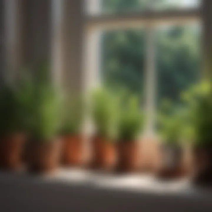 Sunlit window sill adorned with thriving herb pots