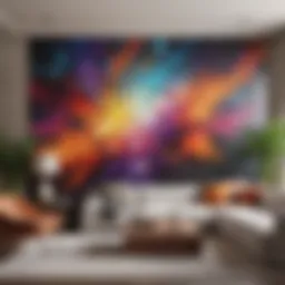A contemporary living room featuring an abstract wall mural that adds depth and character.