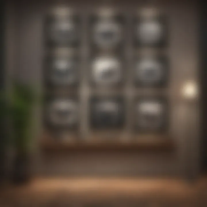 An elegant display of framed art pieces arranged in a tasteful gallery wall setting.