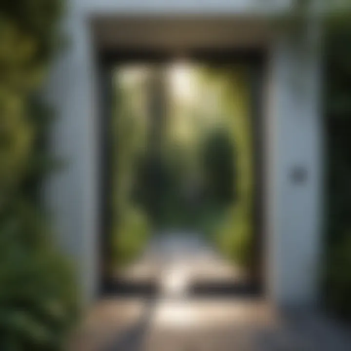 A modern glass entrance door framed by lush greenery
