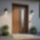 A contemporary wooden entrance door with sleek lines and glass inserts