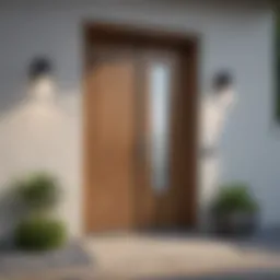 A contemporary wooden entrance door with sleek lines and glass inserts