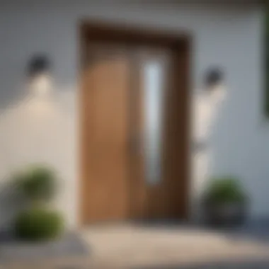 Sleek Wooden Door with Glass Accents A contemporary wooden entrance door with sleek lines and glass inserts