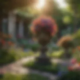 A vibrant garden with eclectic sculptures and colorful flowers