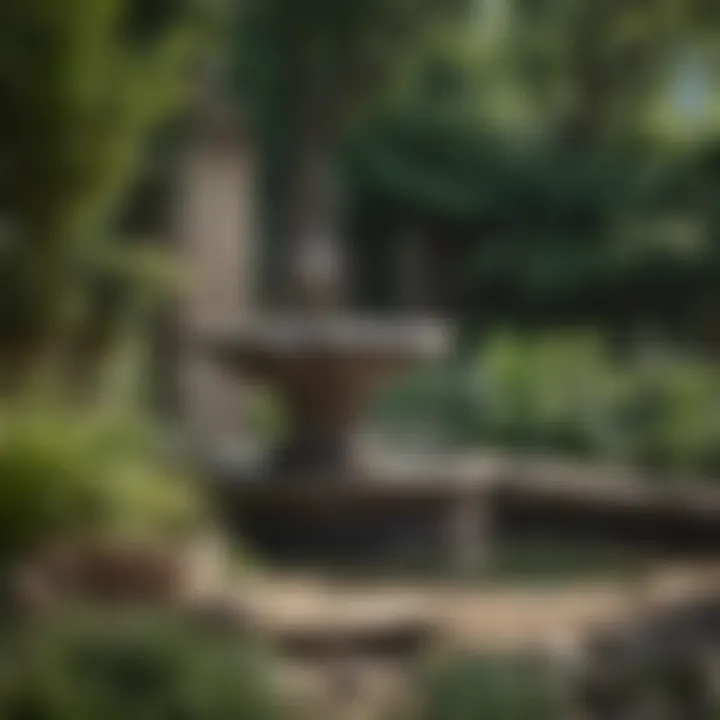A serene outdoor space featuring a tranquil water fountain surrounded by greenery