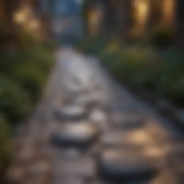 Charming Cobblestone Pathway with Ambient Lighting A charming cobblestone pathway adorned with decorative plants and ambient lighting.
