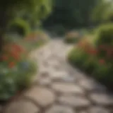A beautifully curved stone pathway lined with vibrant flowers and greenery.