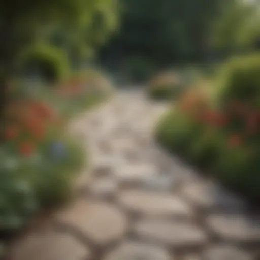 A beautifully curved stone pathway lined with vibrant flowers and greenery.