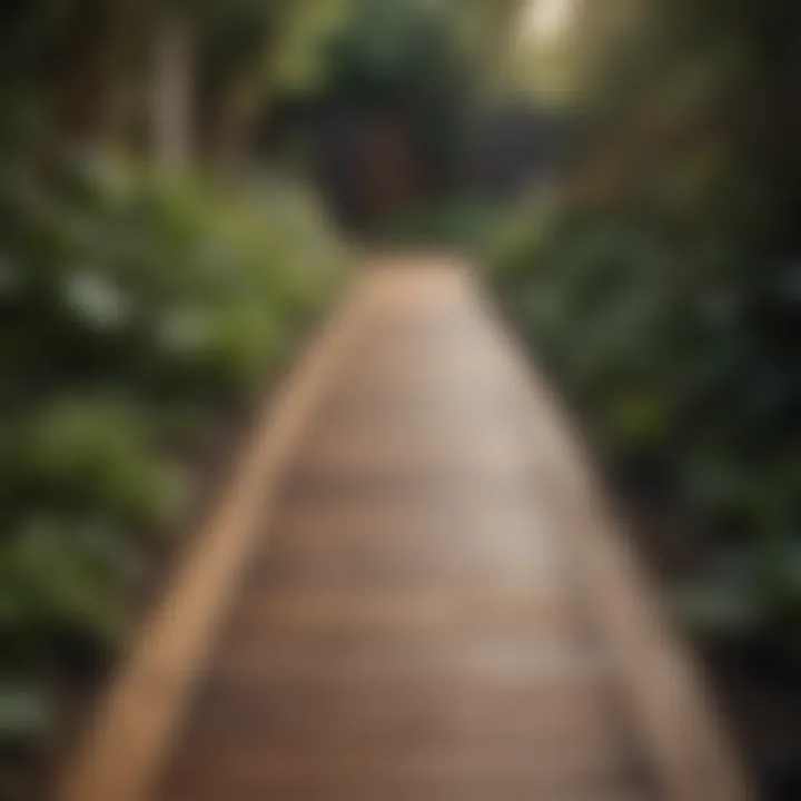 A modern wooden pathway leading through a minimalist garden design.
