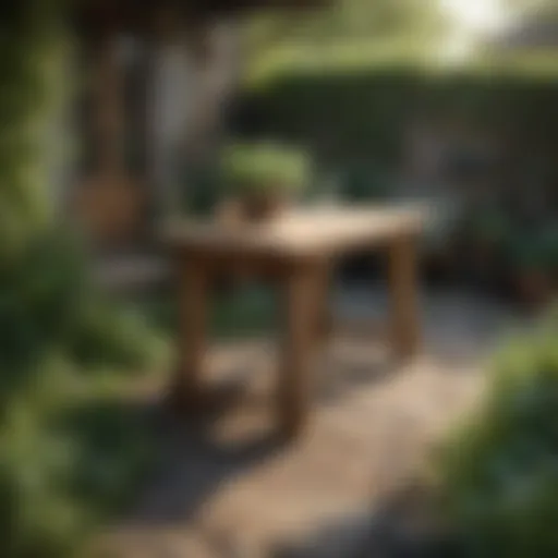 Rustic wooden garden table surrounded by lush greenery