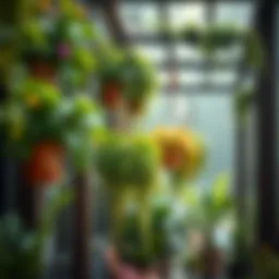 Lush green plants elegantly suspended in a vibrant outdoor setting