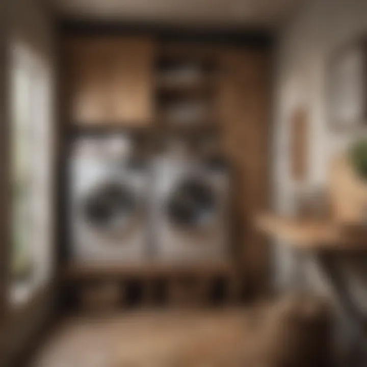 Rustic laundry closet cabinet featuring natural wood elements and open shelving