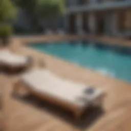 Elegant wooden pool deck with modern lounge chairs