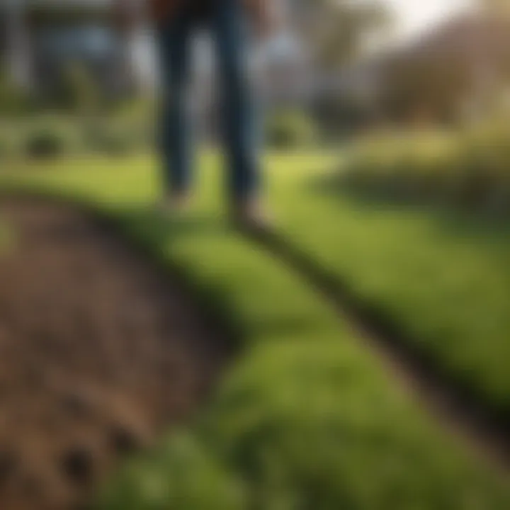 Homeowner inspecting a freshly seeded lawn