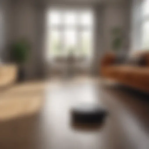 A beautifully arranged living room with a Roomba navigating through the furniture