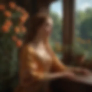 Artistic representation of the Lady of Shalott gazing at a distant landscape