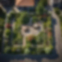 Aerial view of a beautifully landscaped flat yard with diverse plants