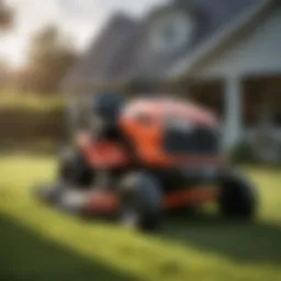 Overview of a large deck riding mower in action