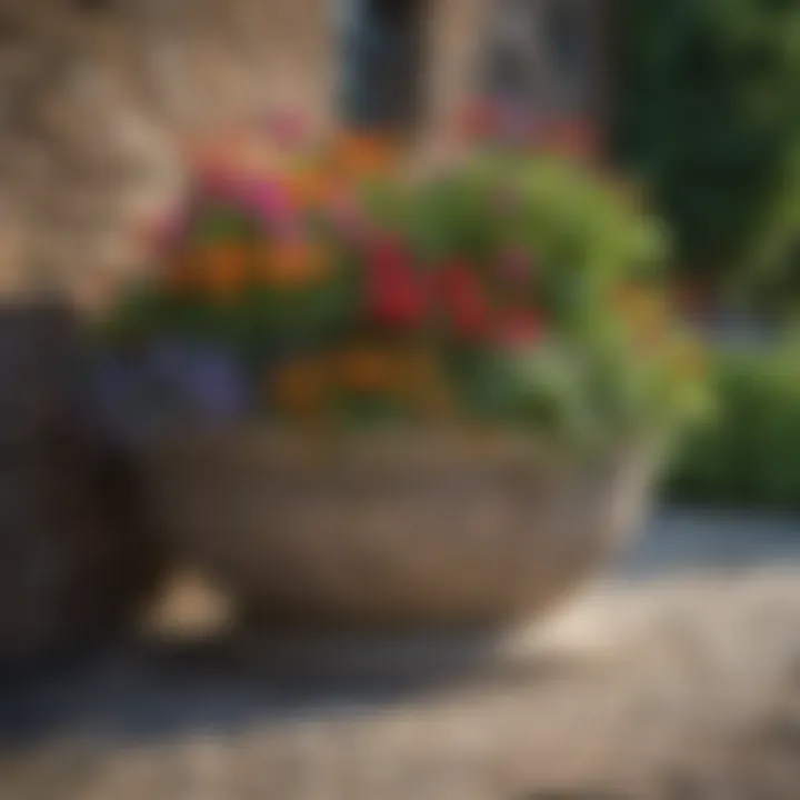 Colorful mix of annuals and perennials in a stone container