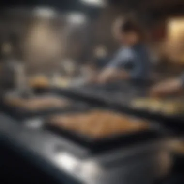 Diverse Cooking Techniques on a Gas Griddle Different cooking techniques illustrated on a large gas griddle.