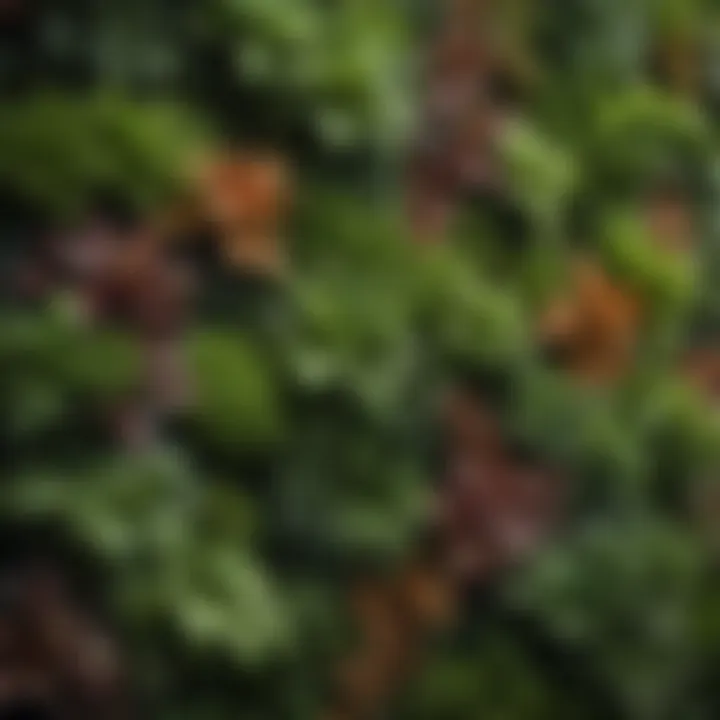 A close-up of diverse plant species thriving on a living wall.