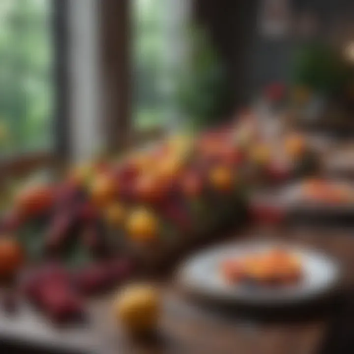 Vibrant seasonal decor on a long table with seasonal fruits and rustic elements