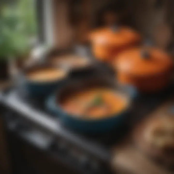 A well-maintained Le Creuset soup pot and Dutch oven, emphasizing care tips.