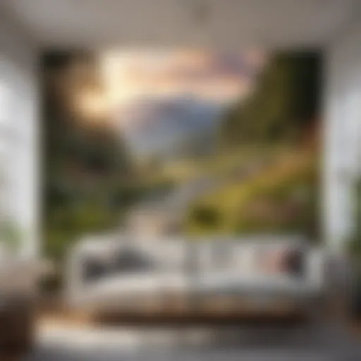 A vibrant mural depicting a serene landscape