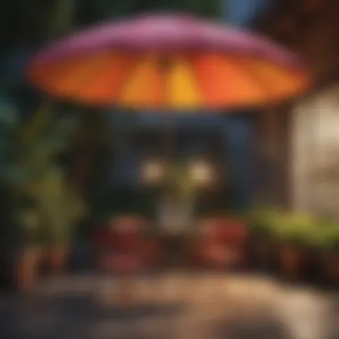 An artistic arrangement of colorful umbrella styles on a patio.