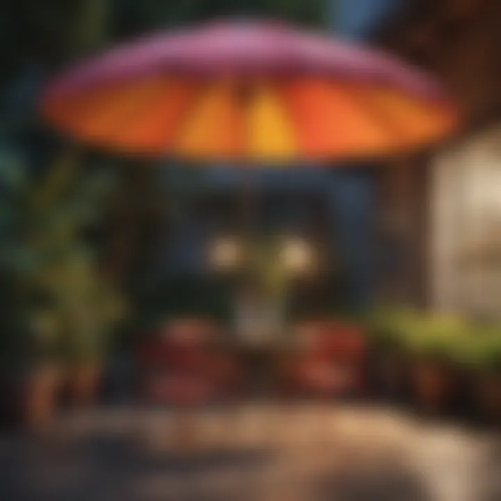 An artistic arrangement of colorful umbrella styles on a patio.