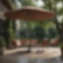 A luxurious patio featuring a large, elegant umbrella providing shade.