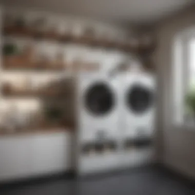 Stylish shelves above a modern washer and dryer