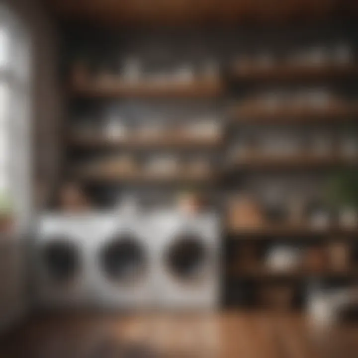 Organized laundry supplies on wooden shelves