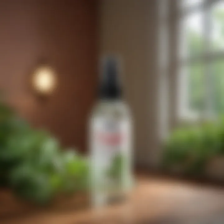 Glass spray bottle filled with peppermint oil solution