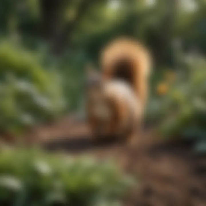 Squirrel examining a garden bed with plants