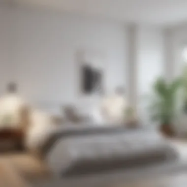 A minimalist bedroom with crisp white walls and natural accents