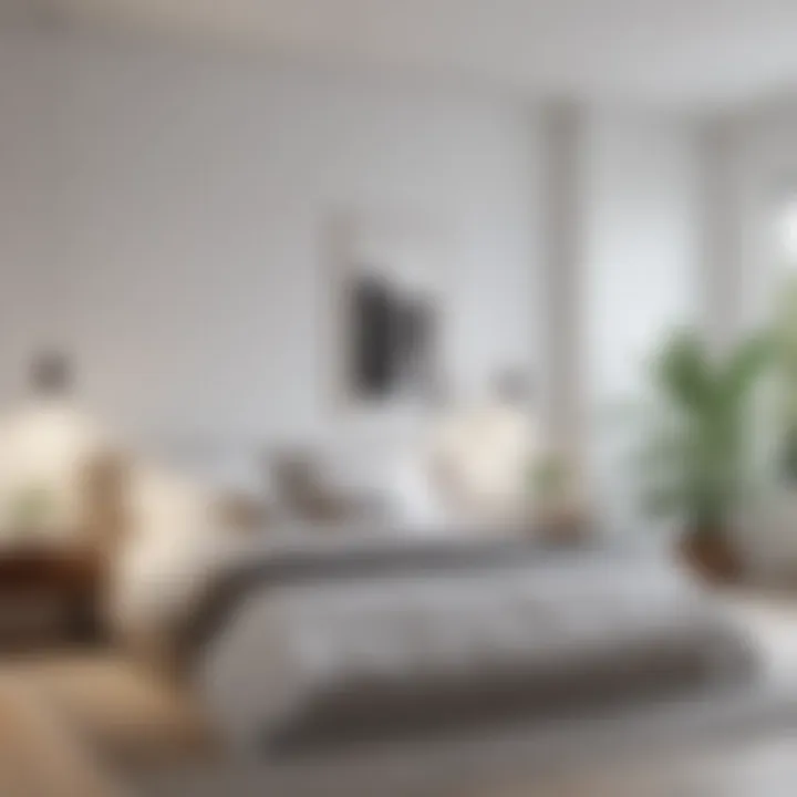 A minimalist bedroom with crisp white walls and natural accents