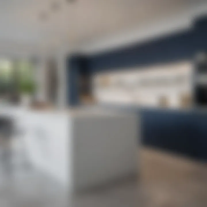 Modern kitchen featuring navy cabinetry and bright white surfaces